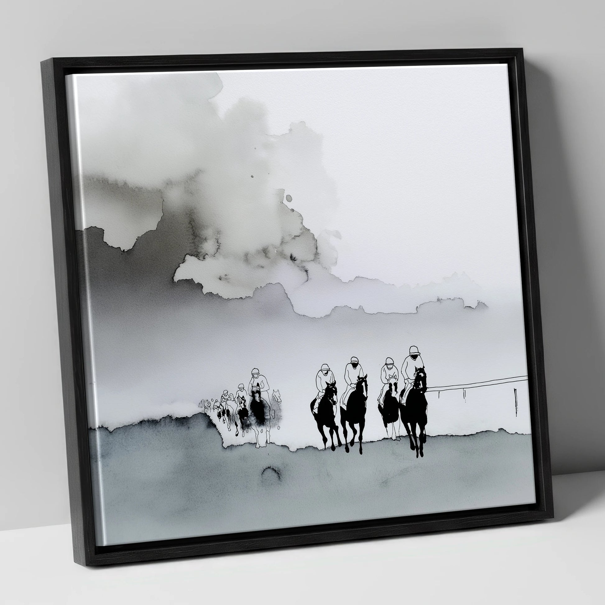 The Morning Gallops racing horse canvas wall art in black frame