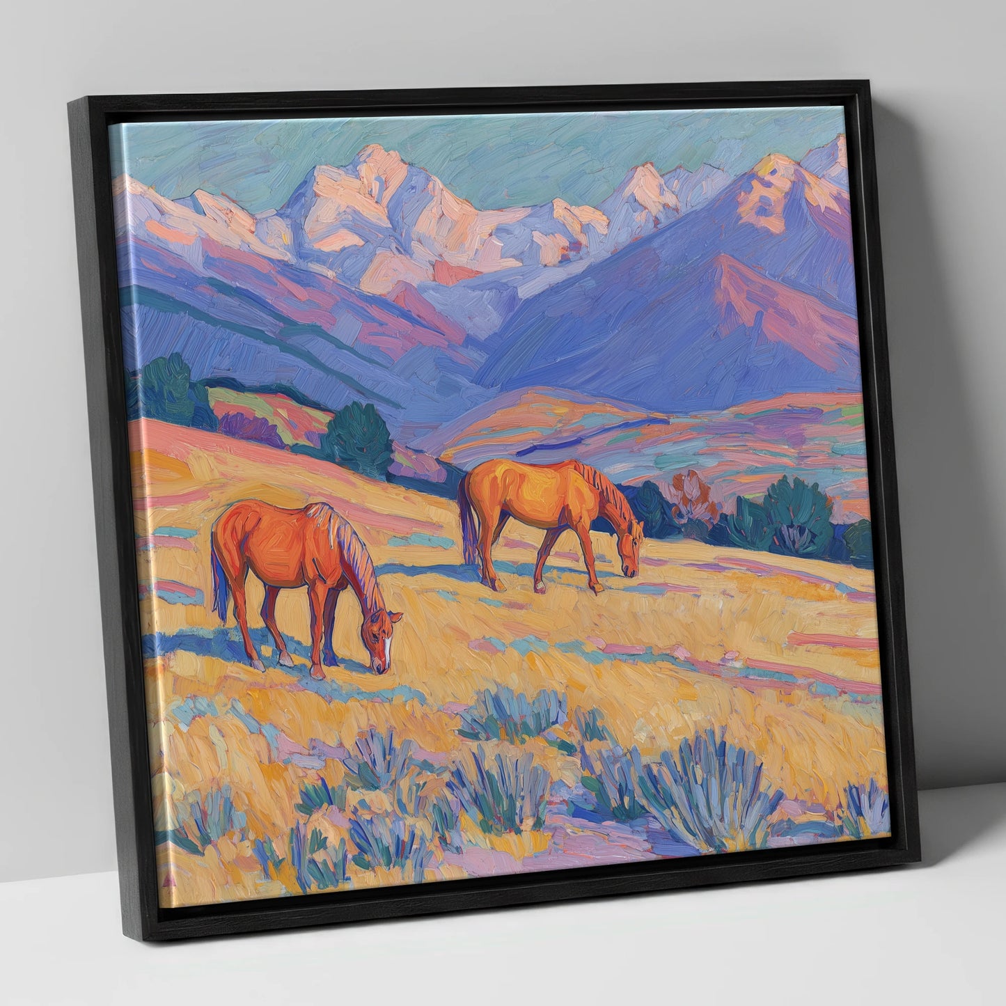 Grazing Beneath Violet Peaks horse landscape canvas wall art in black frame