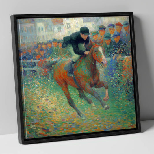 The Finishing Straight racing horse canvas wall art in black frame