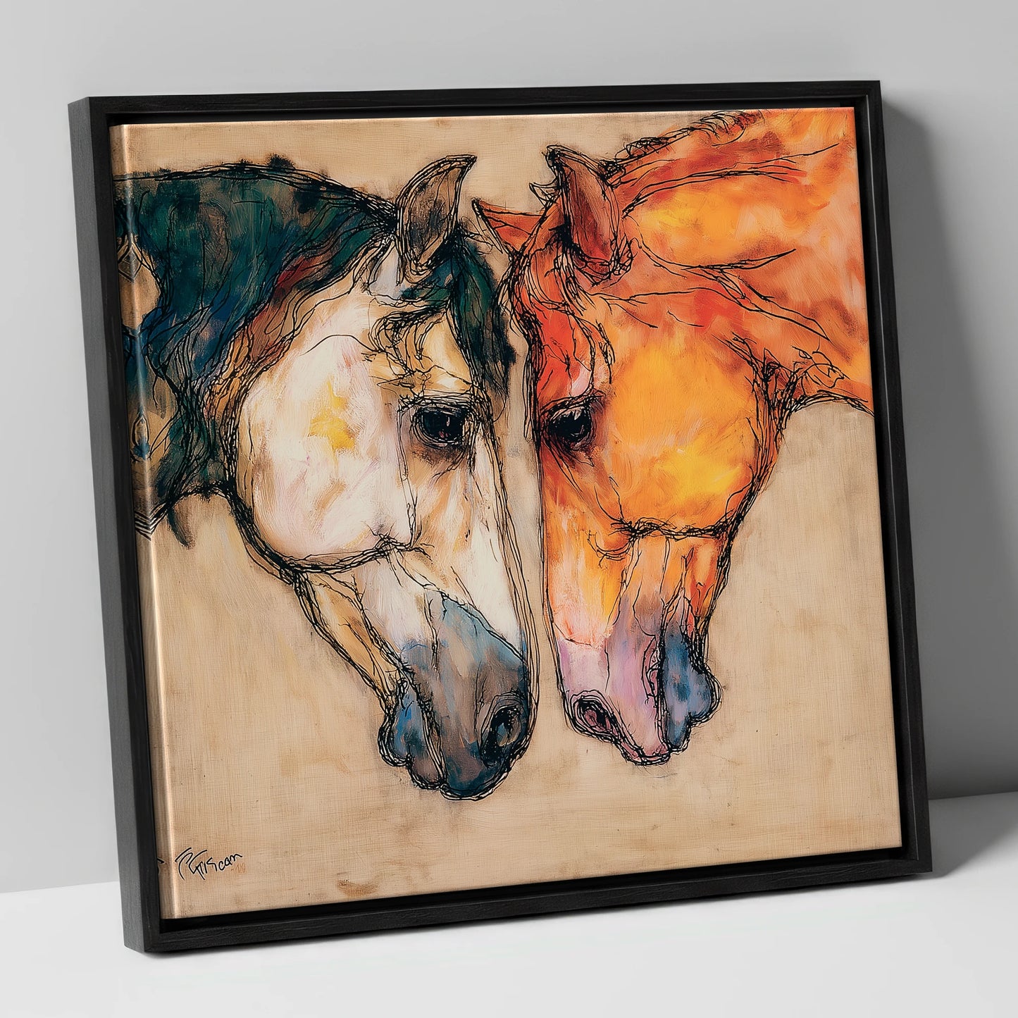 Kindred Spirits horse portrait canvas wall art in black frame