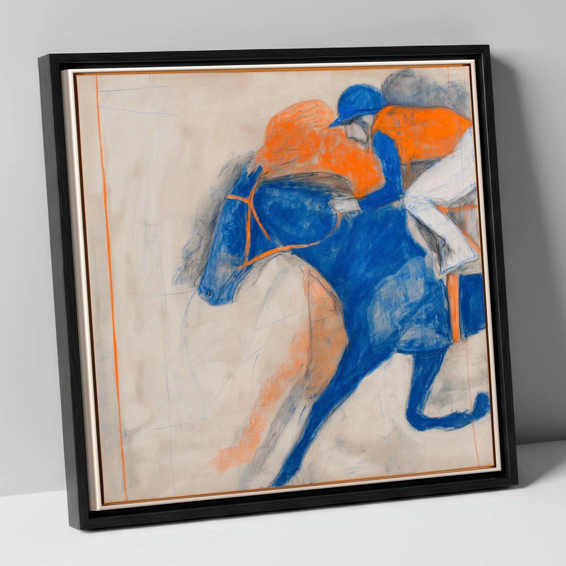 Cobalt Surge racing horse canvas wall art in black frame
