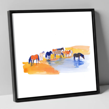 Oasis Gathering wild horses canvas wall art in black frame
