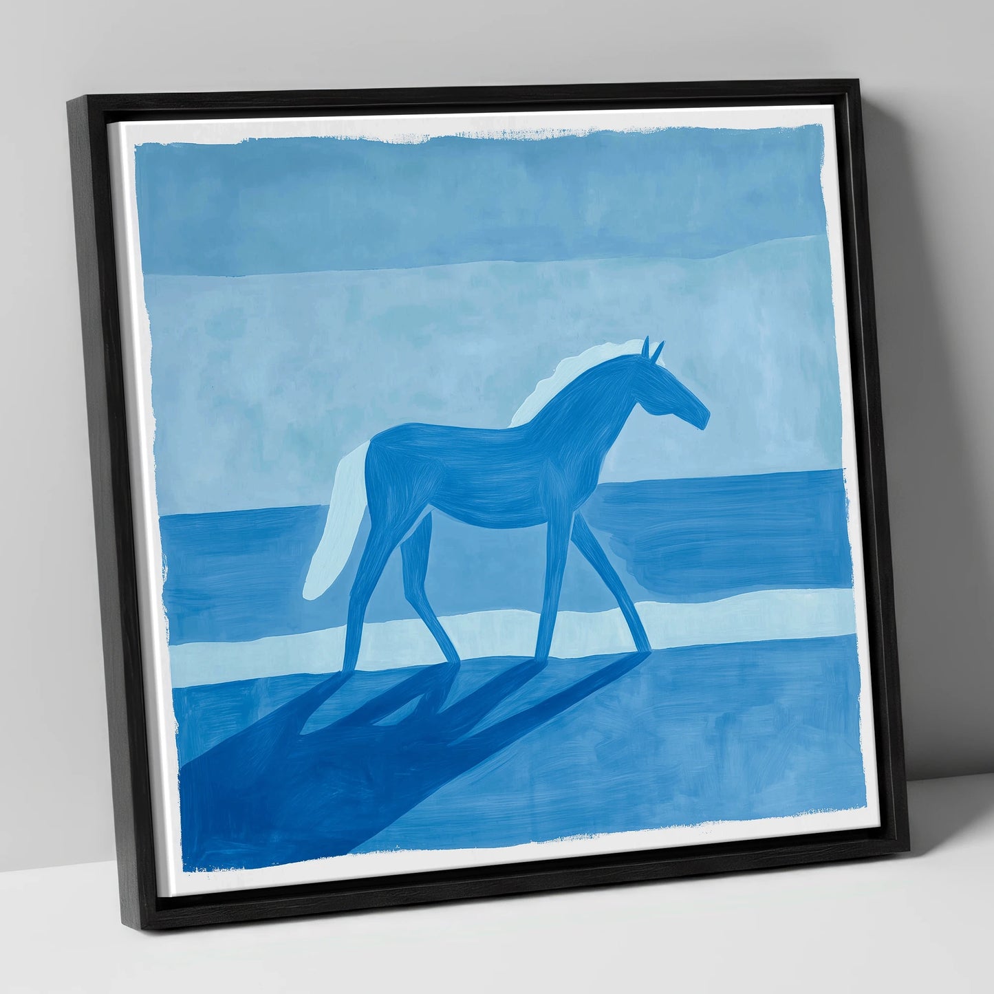 Cobalt Coastal Strides horse landscape canvas wall art in black frame