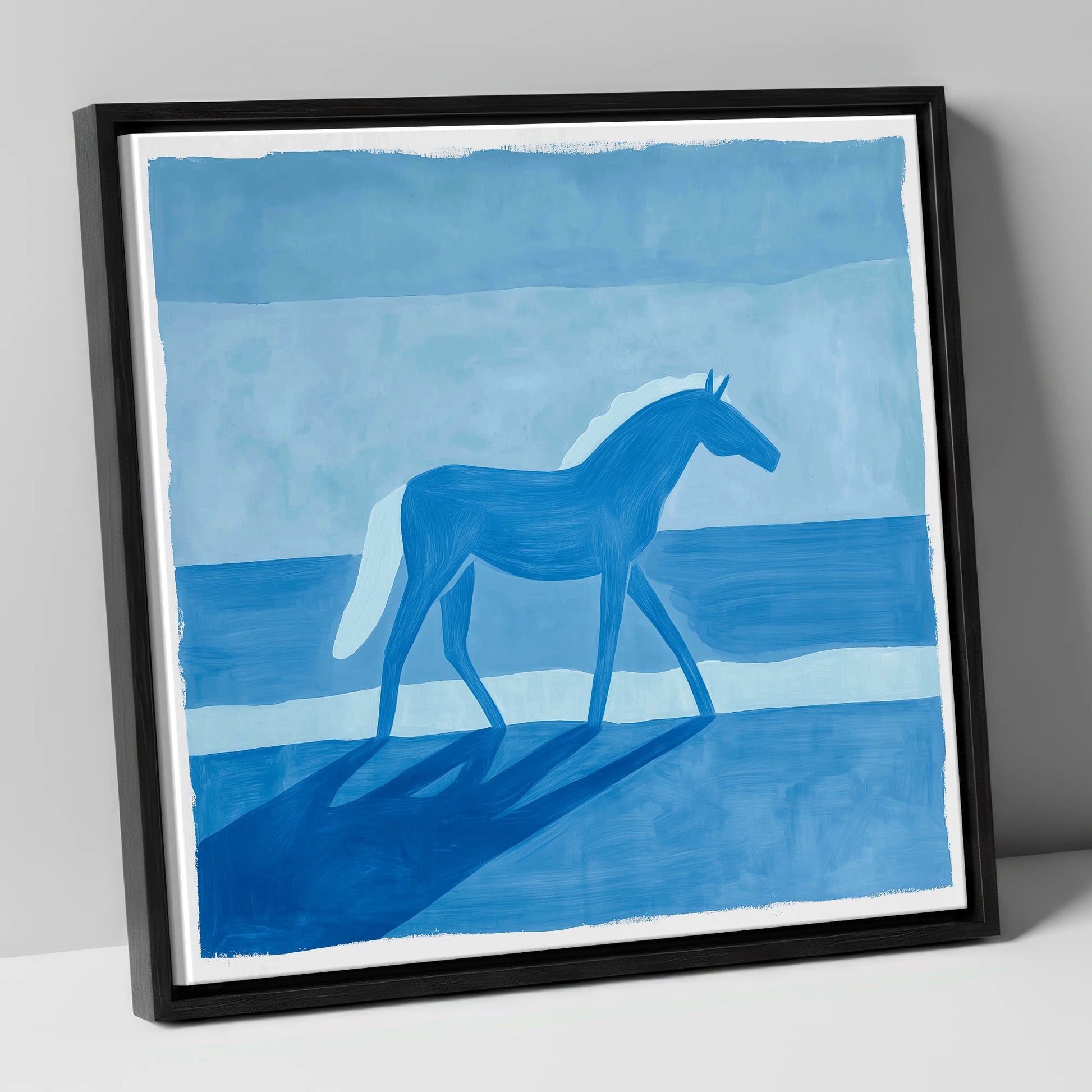 Cobalt Coastal Strides horse landscape canvas wall art in black frame