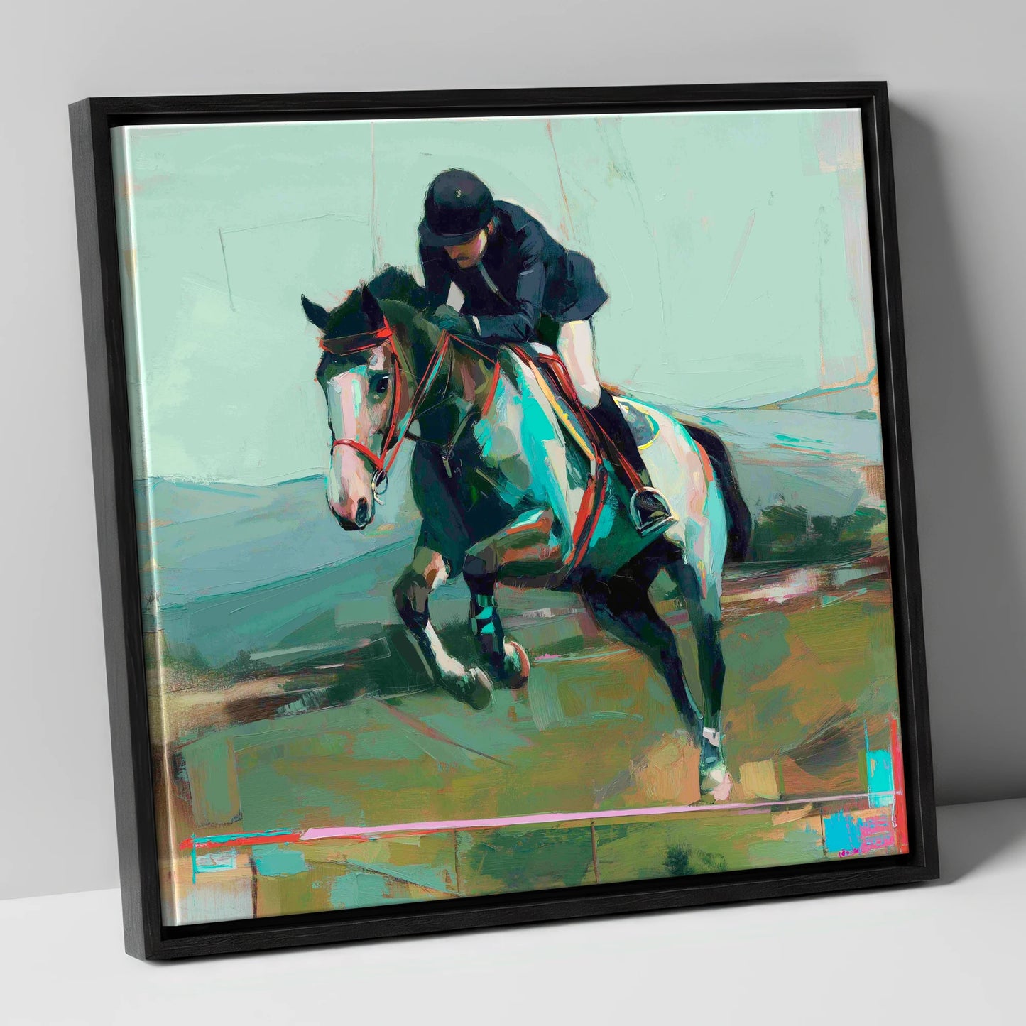 The Bold Clear show jumping horse canvas wall art in black frame