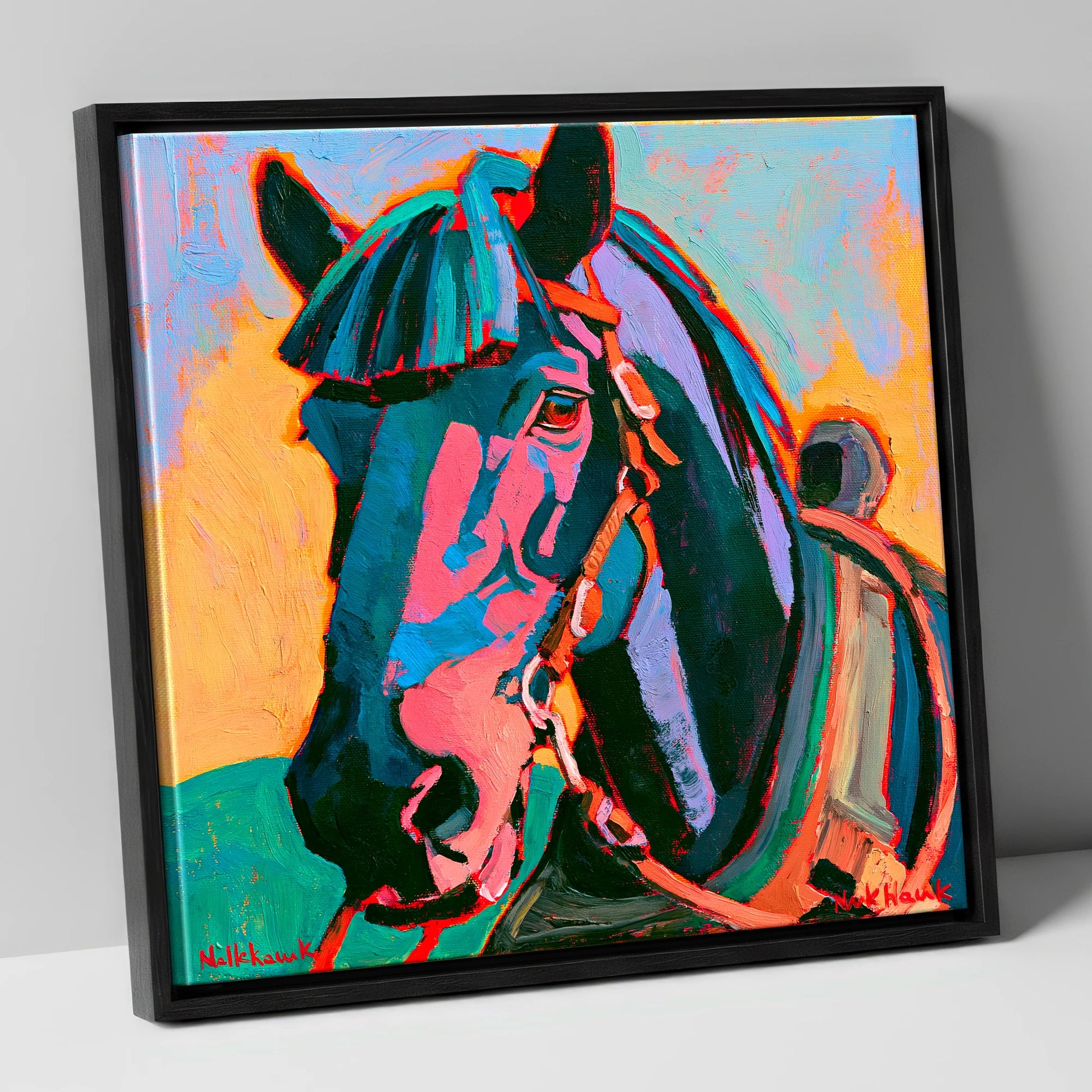 Colourful Expressionist Horse Portrait horse breed canvas wall art in black frame