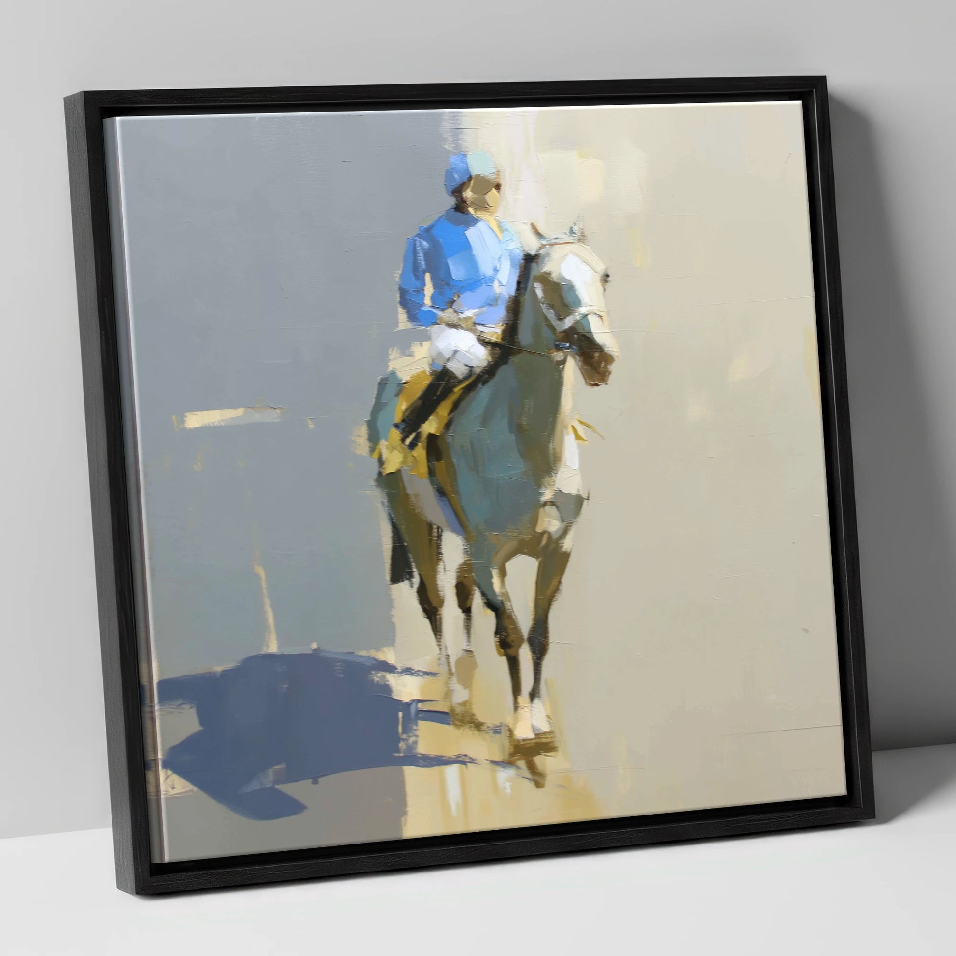 Blue Silks and Shadows racing horse canvas wall art in black frame