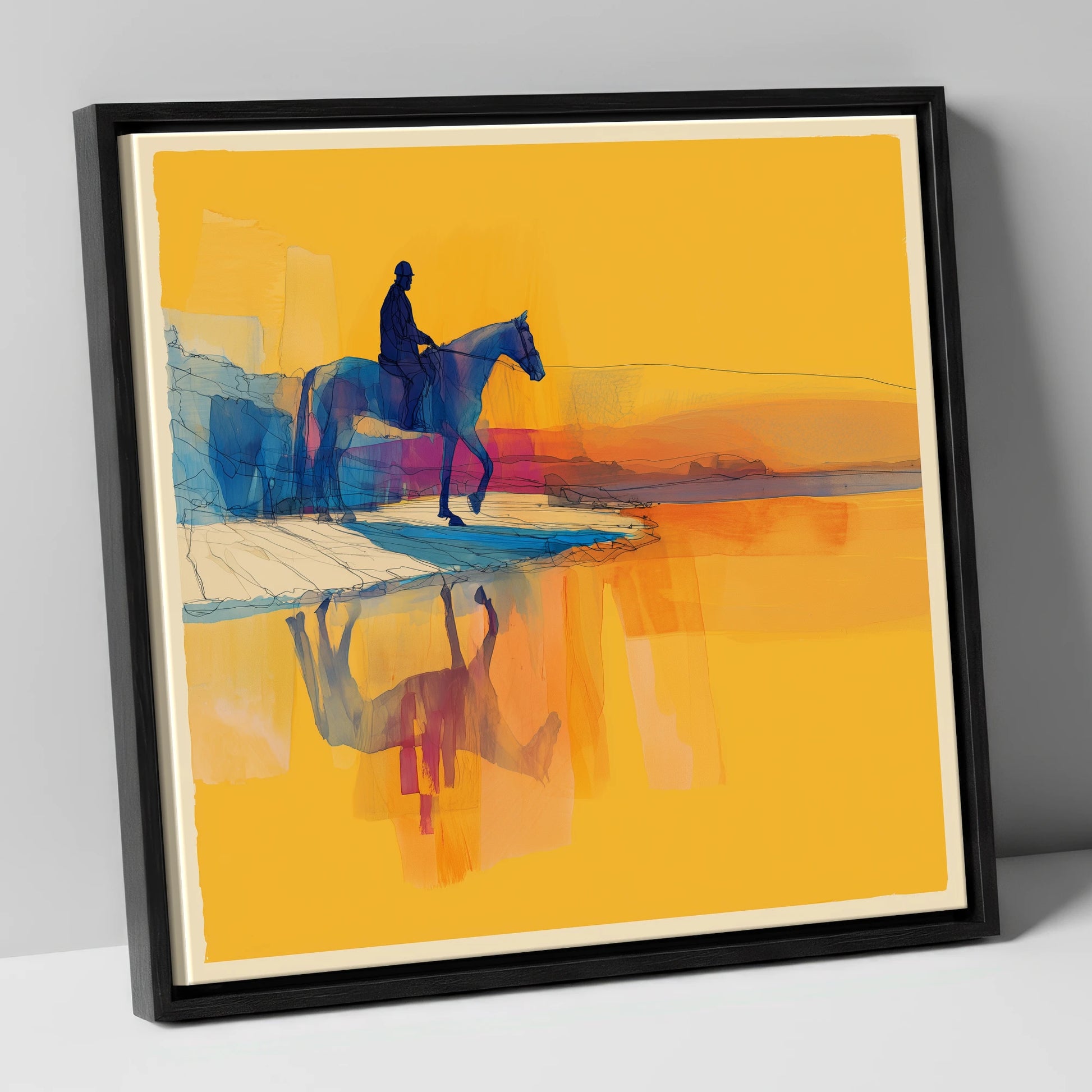 Golden Shoreline Traverse beach horse canvas wall art in black frame