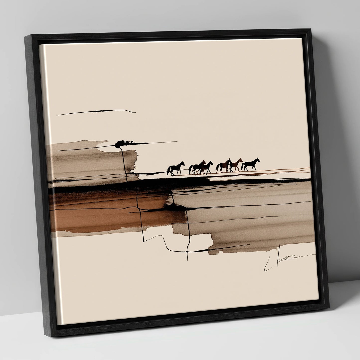 The Distant Herd horse landscape canvas wall art in black frame