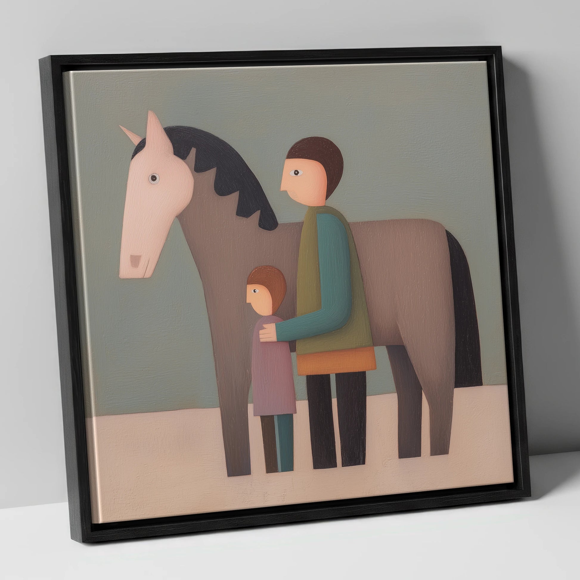 Standing Together horse & rider canvas wall art in black frame