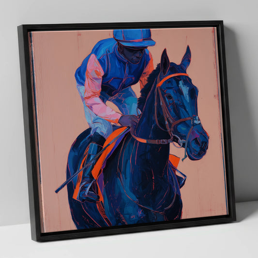 The Indigo Favourite racing horse canvas wall art in black frame
