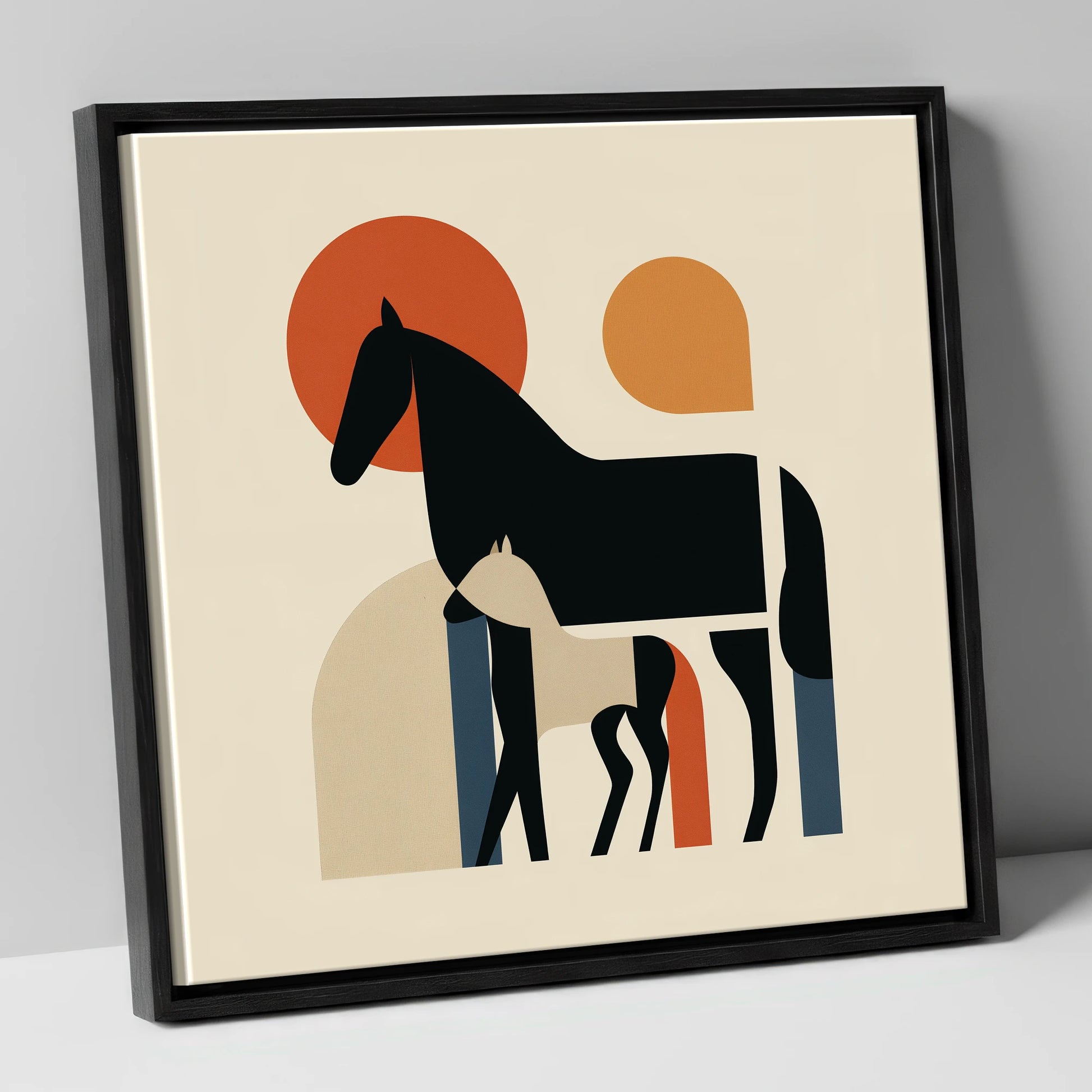 Modernist Matriarch mare & foal canvas wall art in black frame