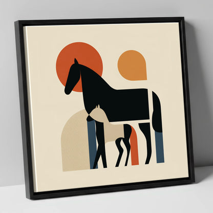 Modernist Matriarch mare & foal canvas wall art in black frame