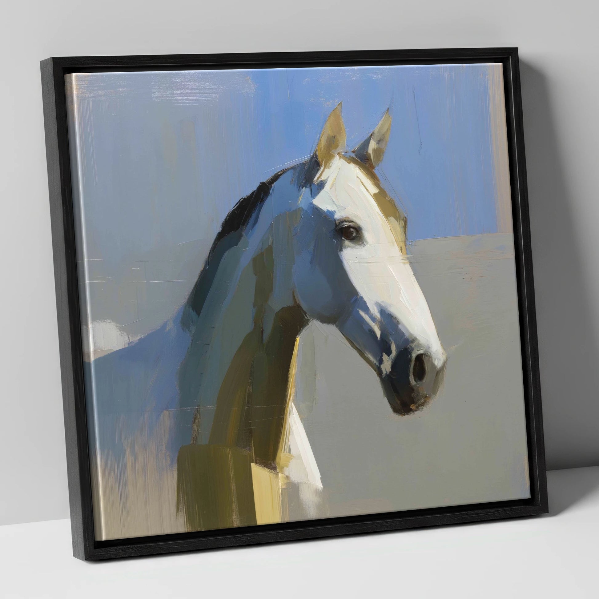 Sunlit Slate Grey horse portrait canvas wall art in black frame