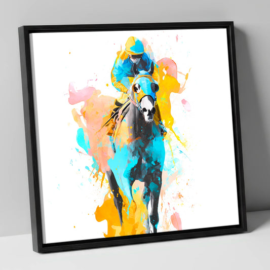Vibrant Front Runner racing horse canvas wall art in black frame