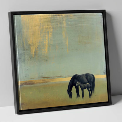 Gilded Serenity mare & foal canvas wall art in black frame