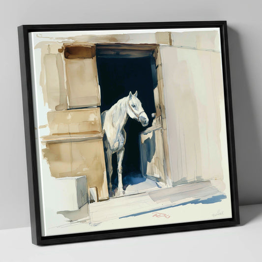 The Quiet Grey horse stable canvas wall art in black frame