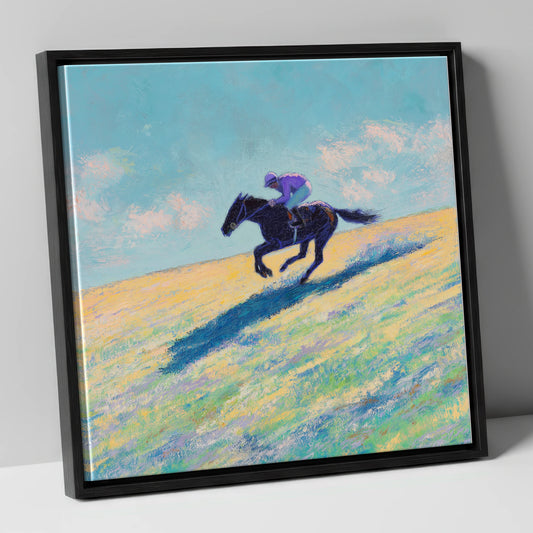 Gallop Across Gold racing horse canvas wall art in black frame