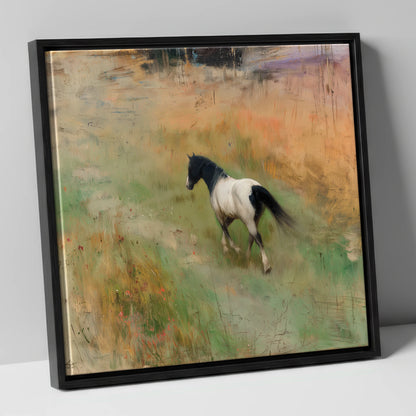 Wandering Piebald horse landscape canvas wall art in black frame