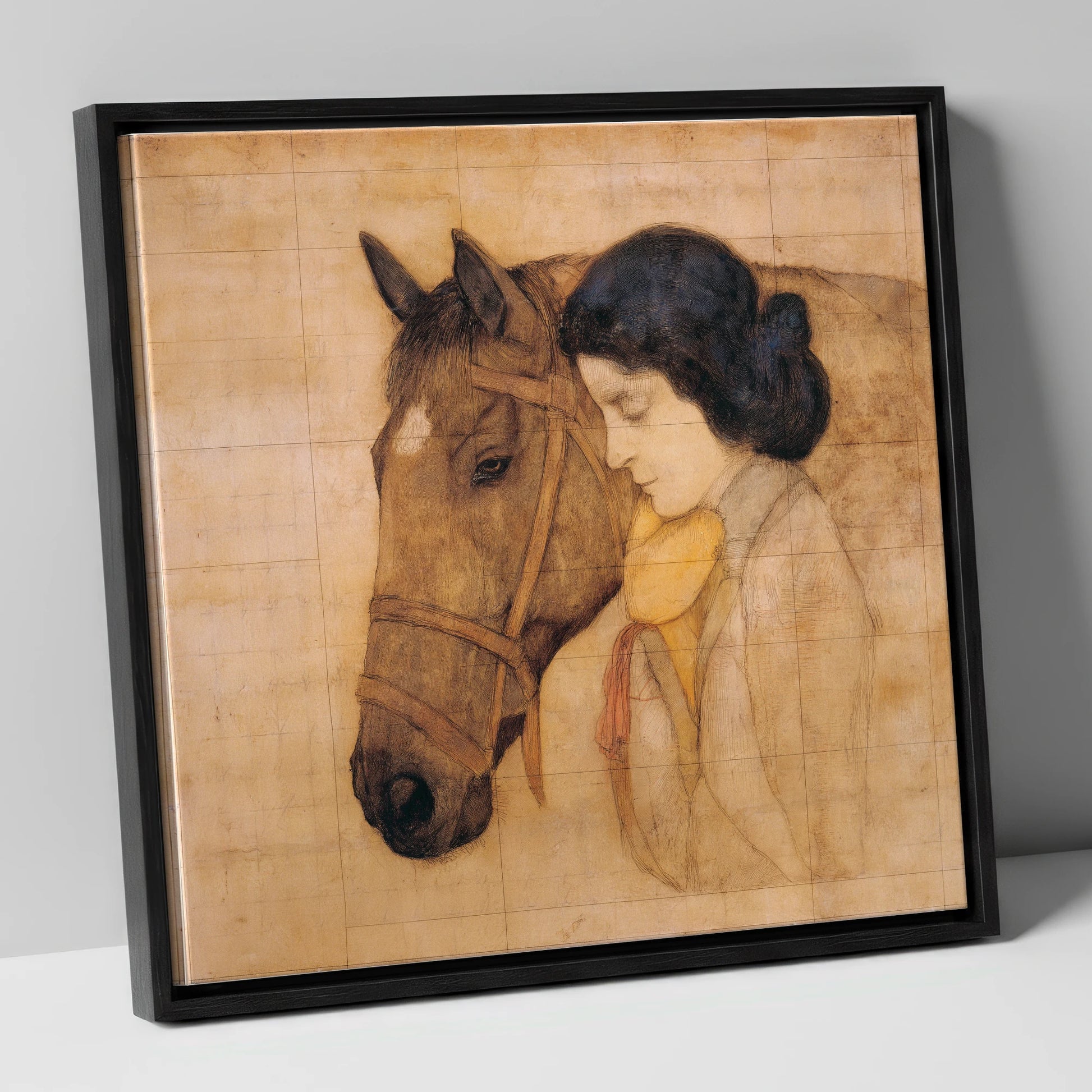 The Silent Bond horse & rider canvas wall art in black frame