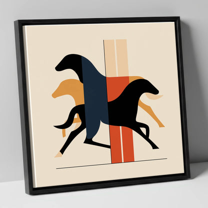 Geometric Gallop racing horse canvas wall art in black frame