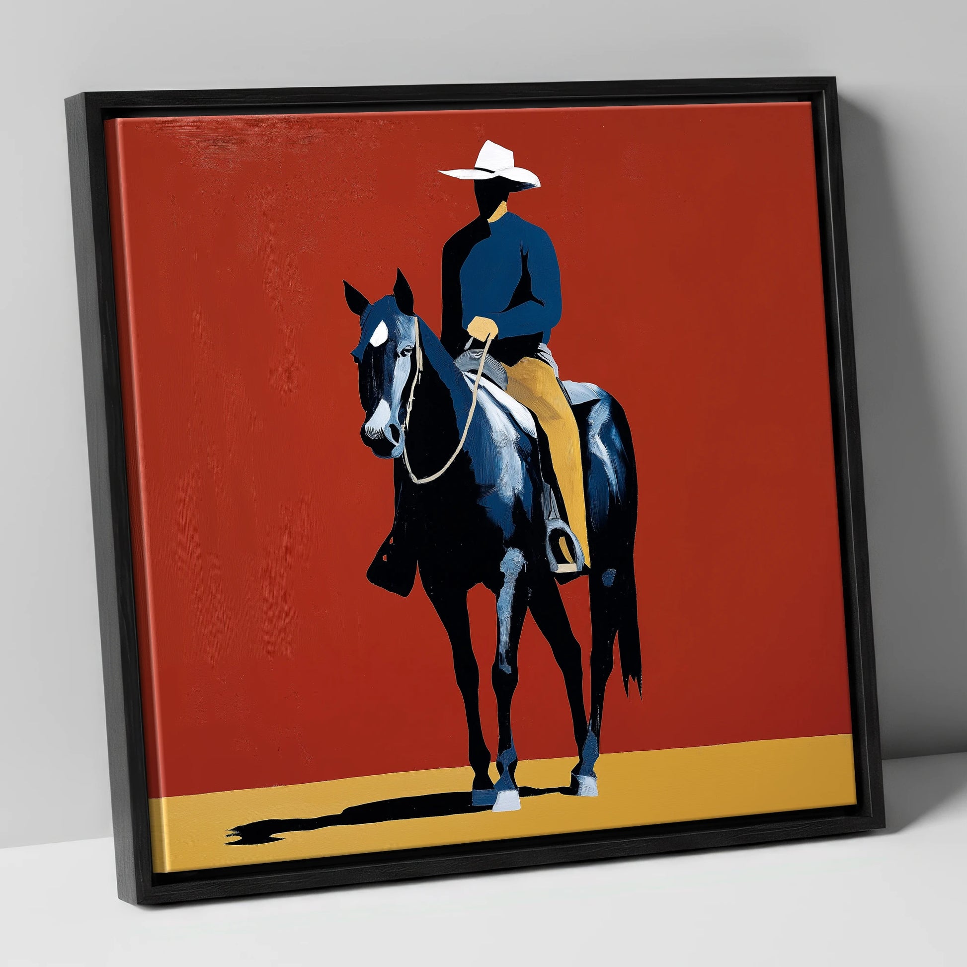 The Crimson Frontier Rider western horse canvas wall art in black frame