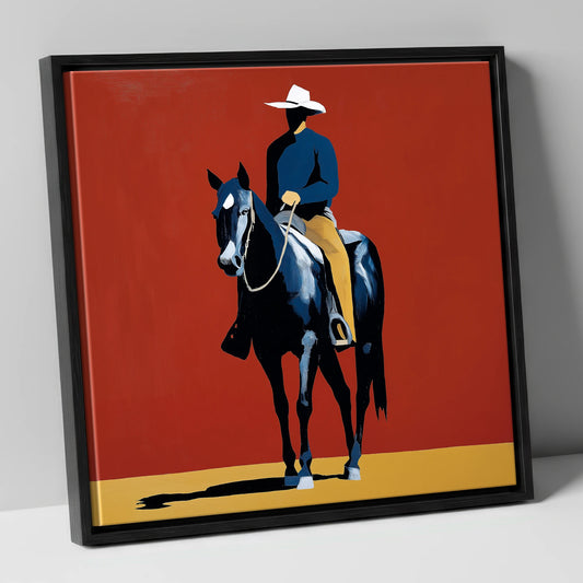 The Crimson Frontier Rider western horse canvas wall art in black frame