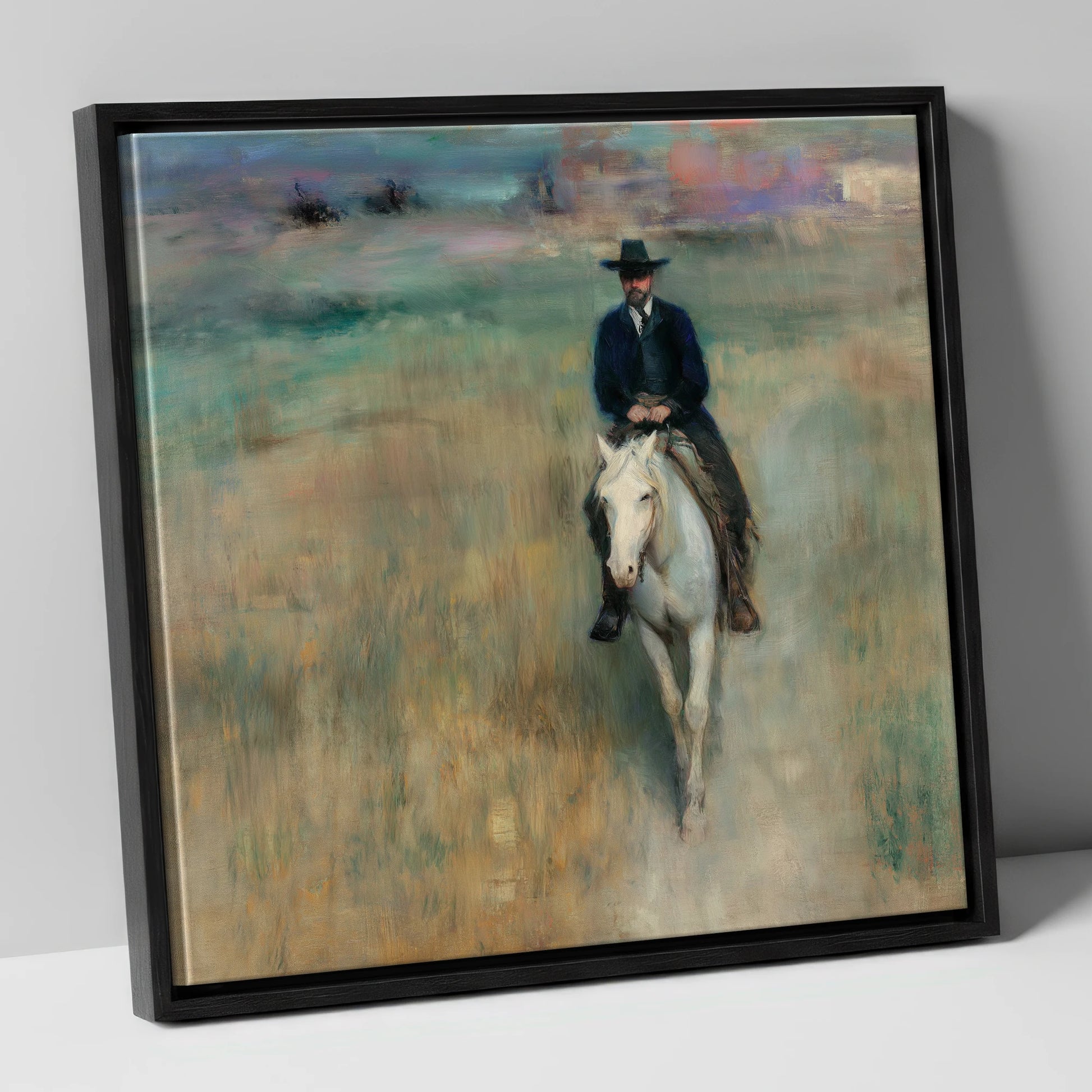 Solitary Trail Rider western horse canvas wall art in black frame