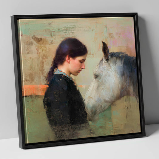 Woman and Grey Horse Profile horse & rider canvas wall art in black frame