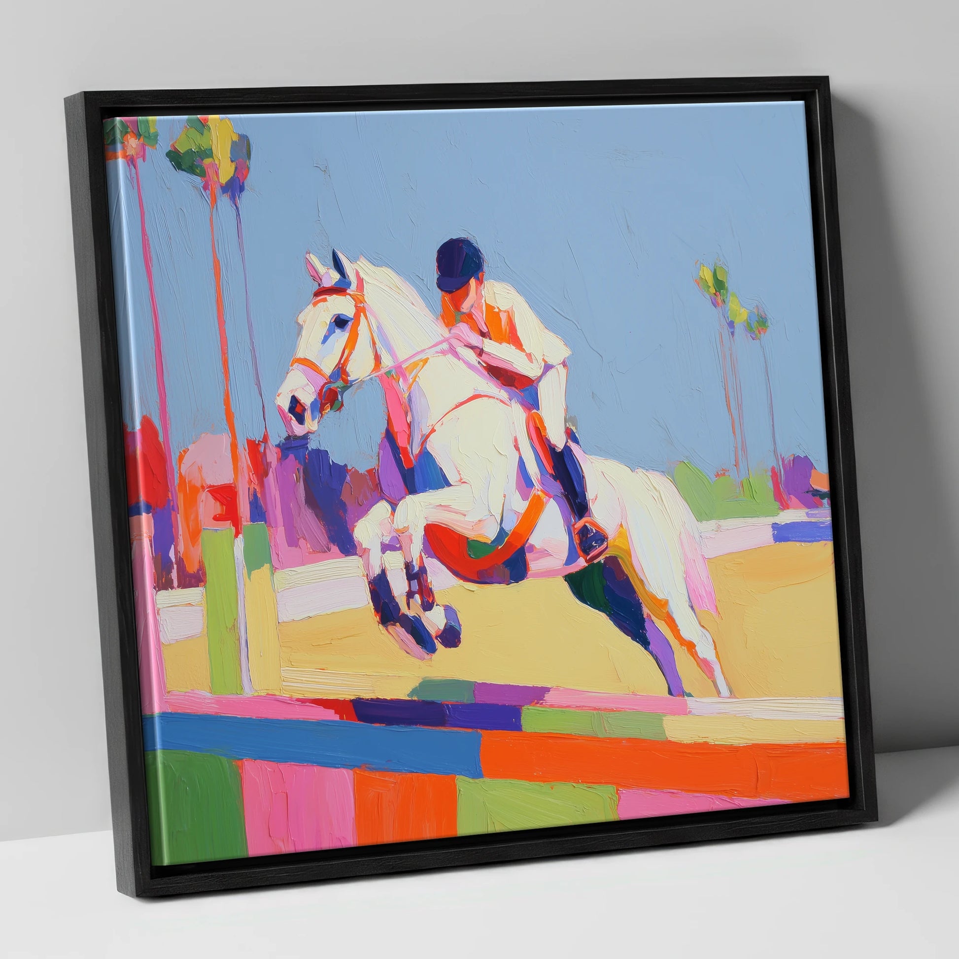 Technicolour Takeoff show jumping horse canvas wall art in black frame