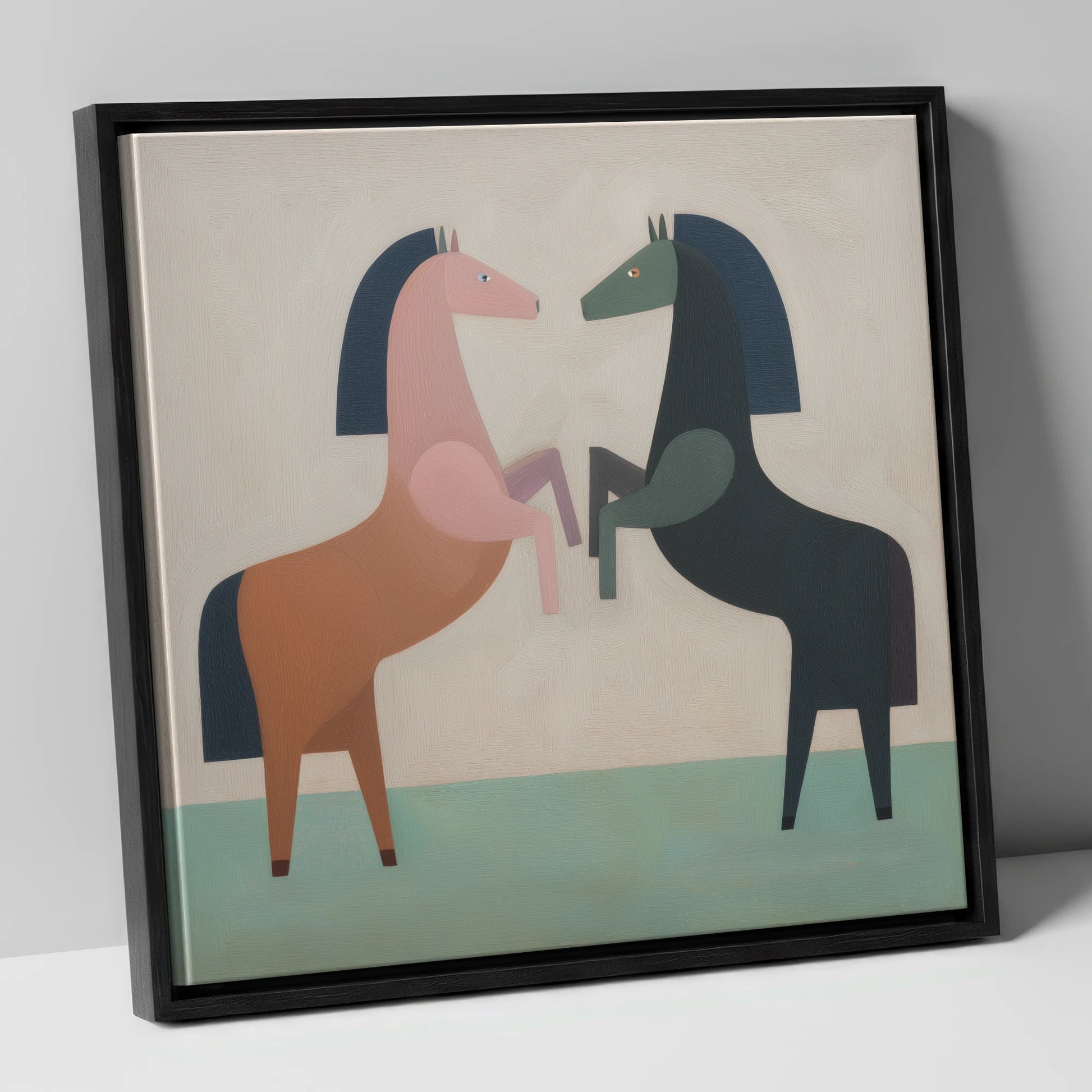 Symmetrical Equine Balance wild horses canvas wall art in black frame