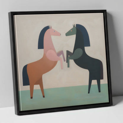 Symmetrical Equine Balance wild horses canvas wall art in black frame