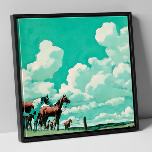 Turquoise Sky Herd horse landscape canvas wall art in black frame