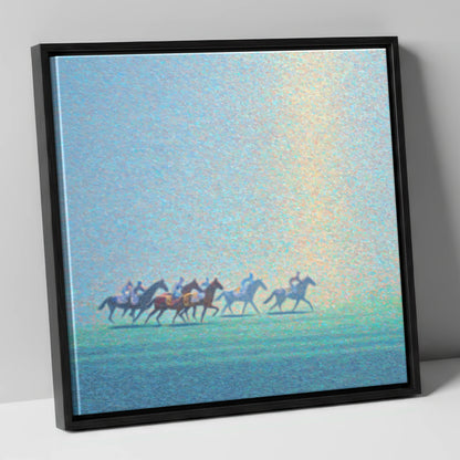 Ethereal Morning Gallop racing horse canvas wall art in black frame