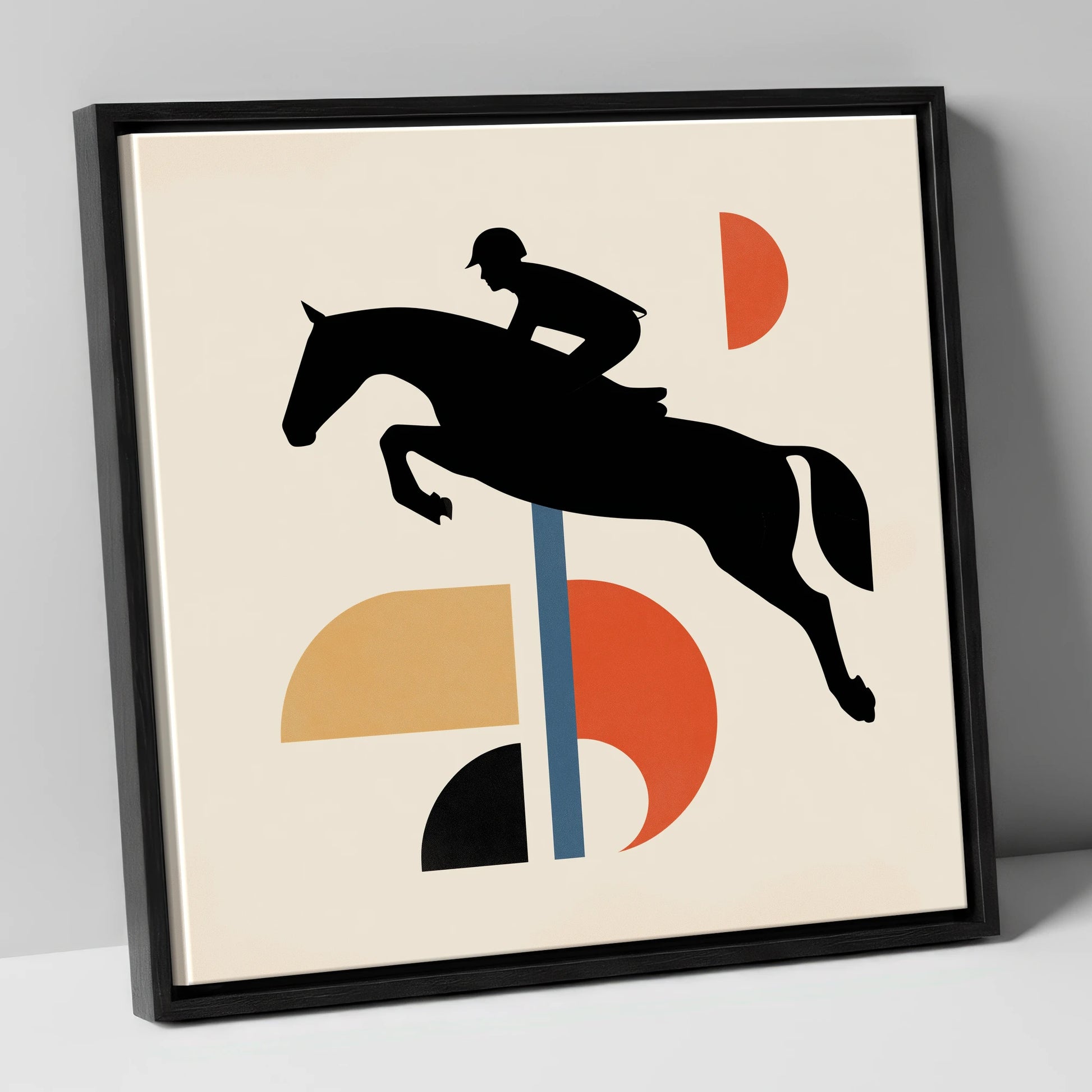 Retro Geometric Showjumper show jumping horse canvas wall art in black frame