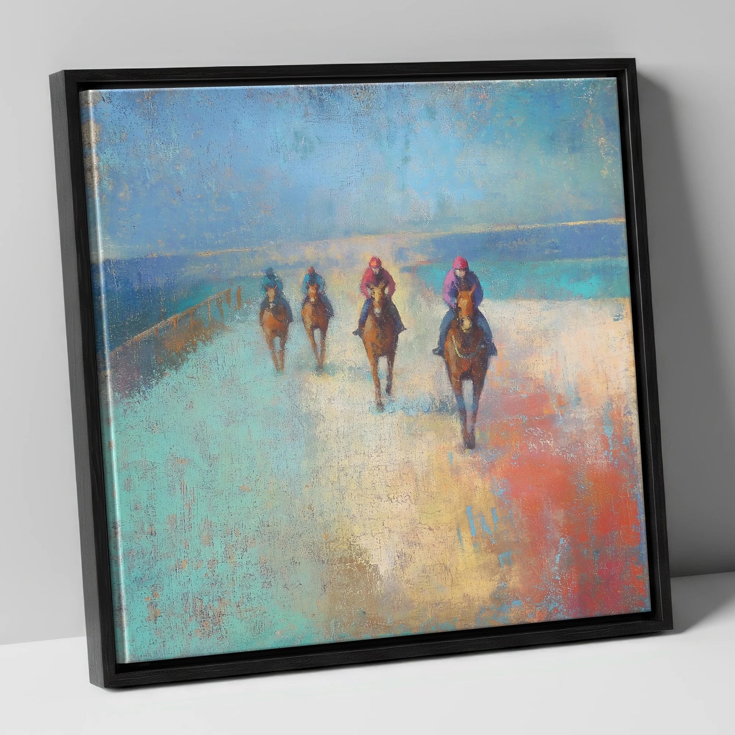 The Morning String racing horse canvas wall art in black frame