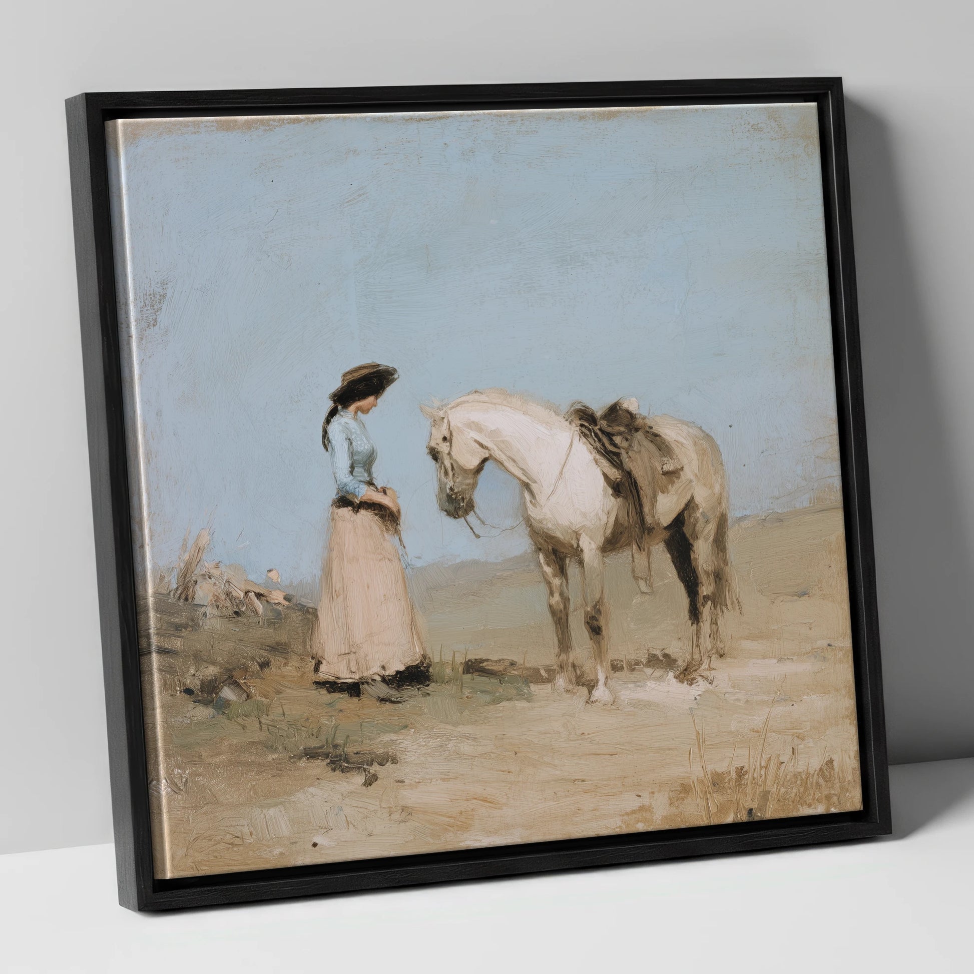 The Waiting Grey horse & rider canvas wall art in black frame
