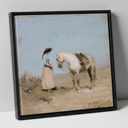 The Waiting Grey horse & rider canvas wall art in black frame