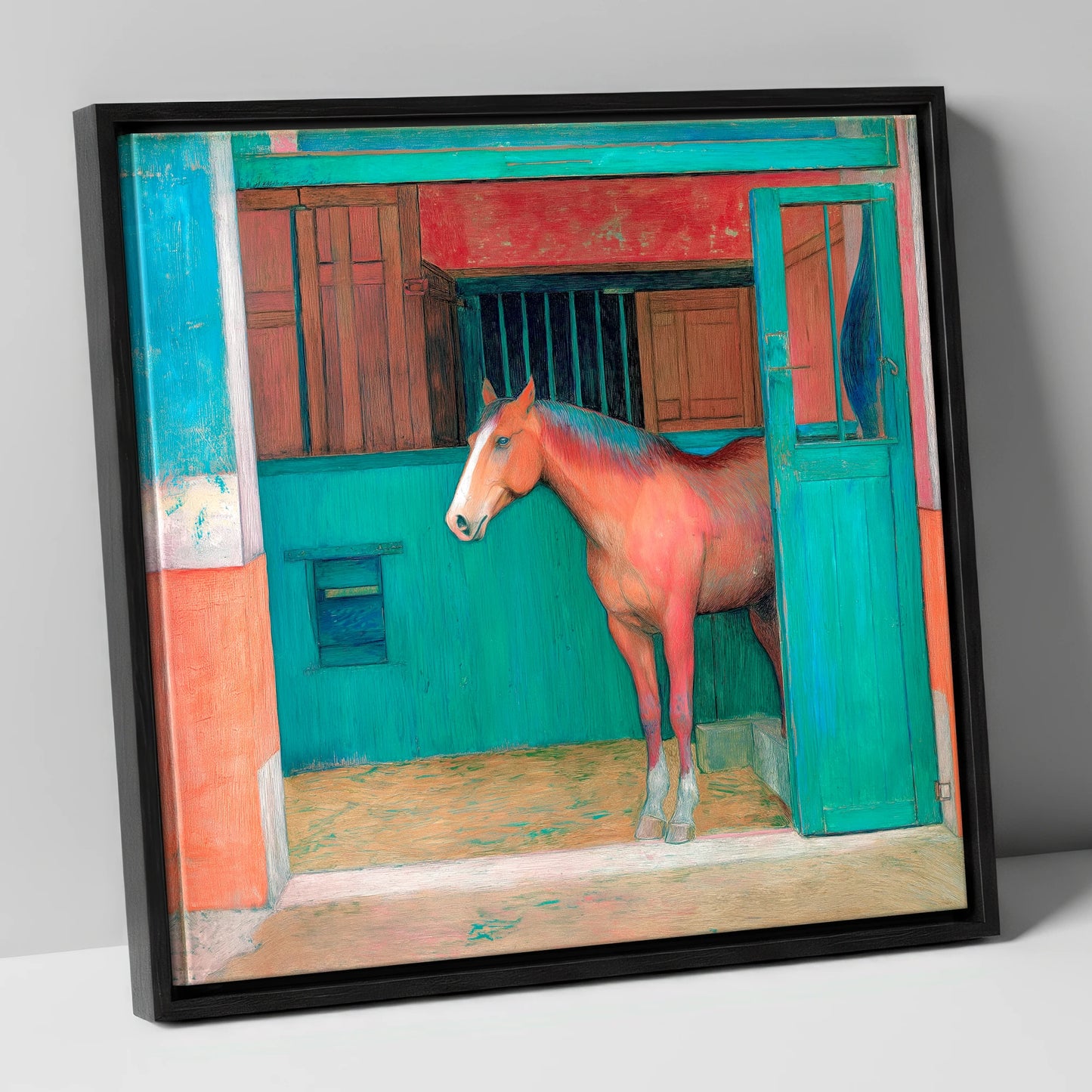 The Emerald Stable Door horse stable canvas wall art in black frame