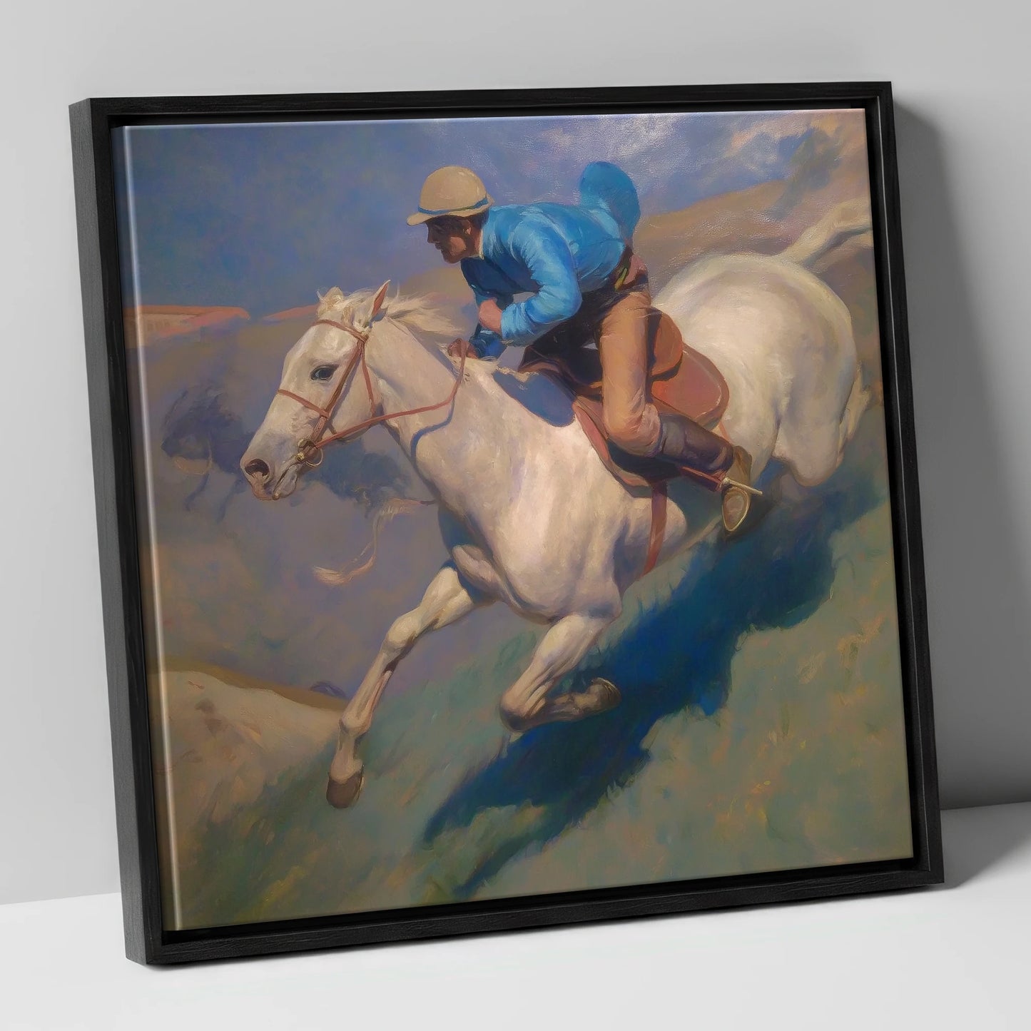 Cerulean Gallop racing horse canvas wall art in black frame