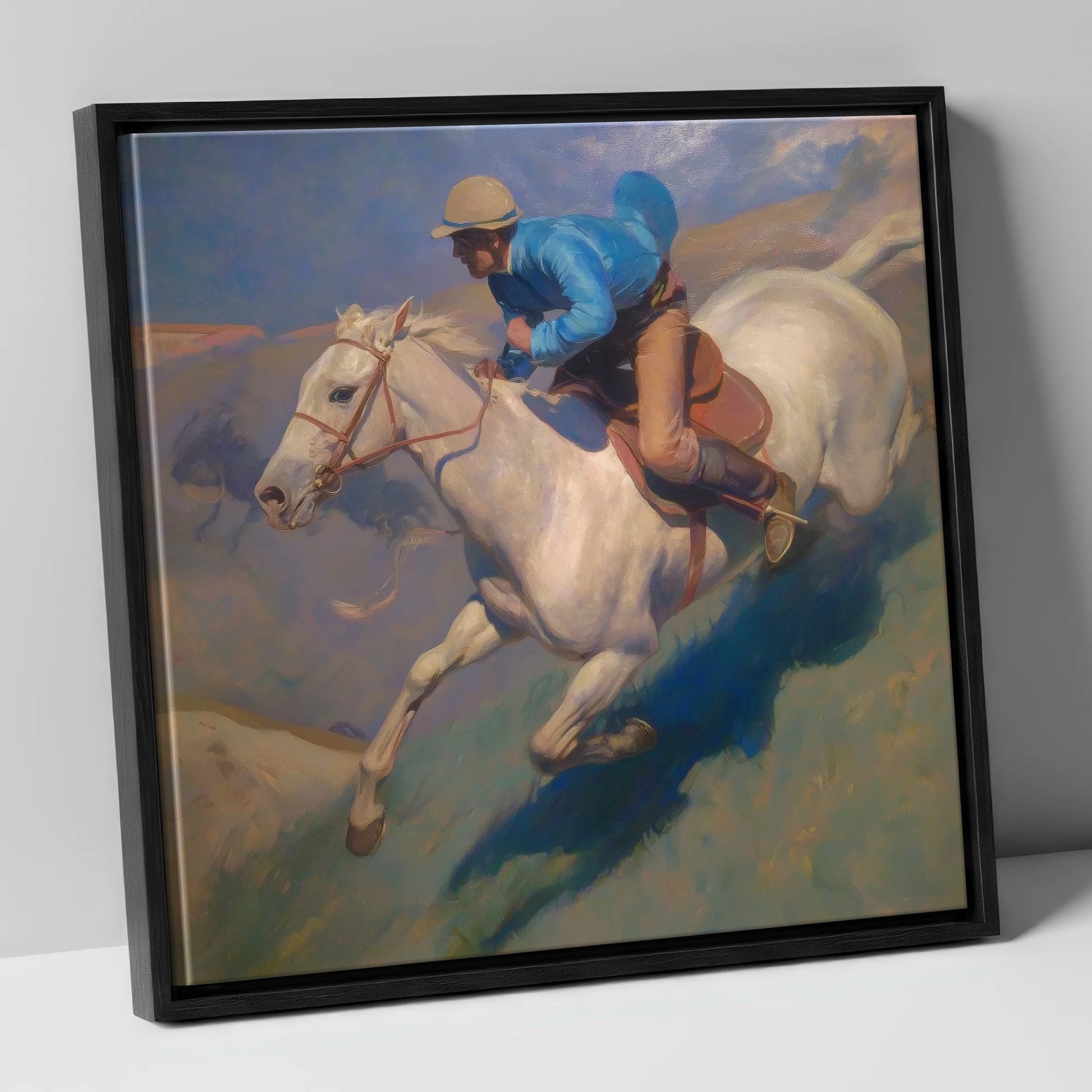 Cerulean Gallop racing horse canvas wall art in black frame