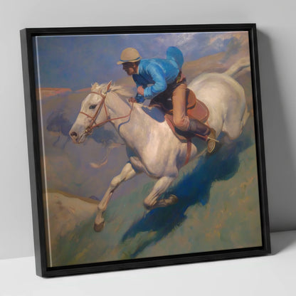 Cerulean Gallop racing horse canvas wall art in black frame