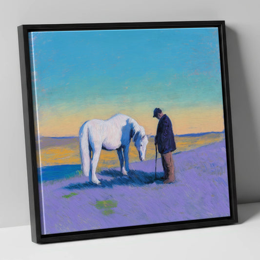 The Silent Bond horse & rider canvas wall art in black frame
