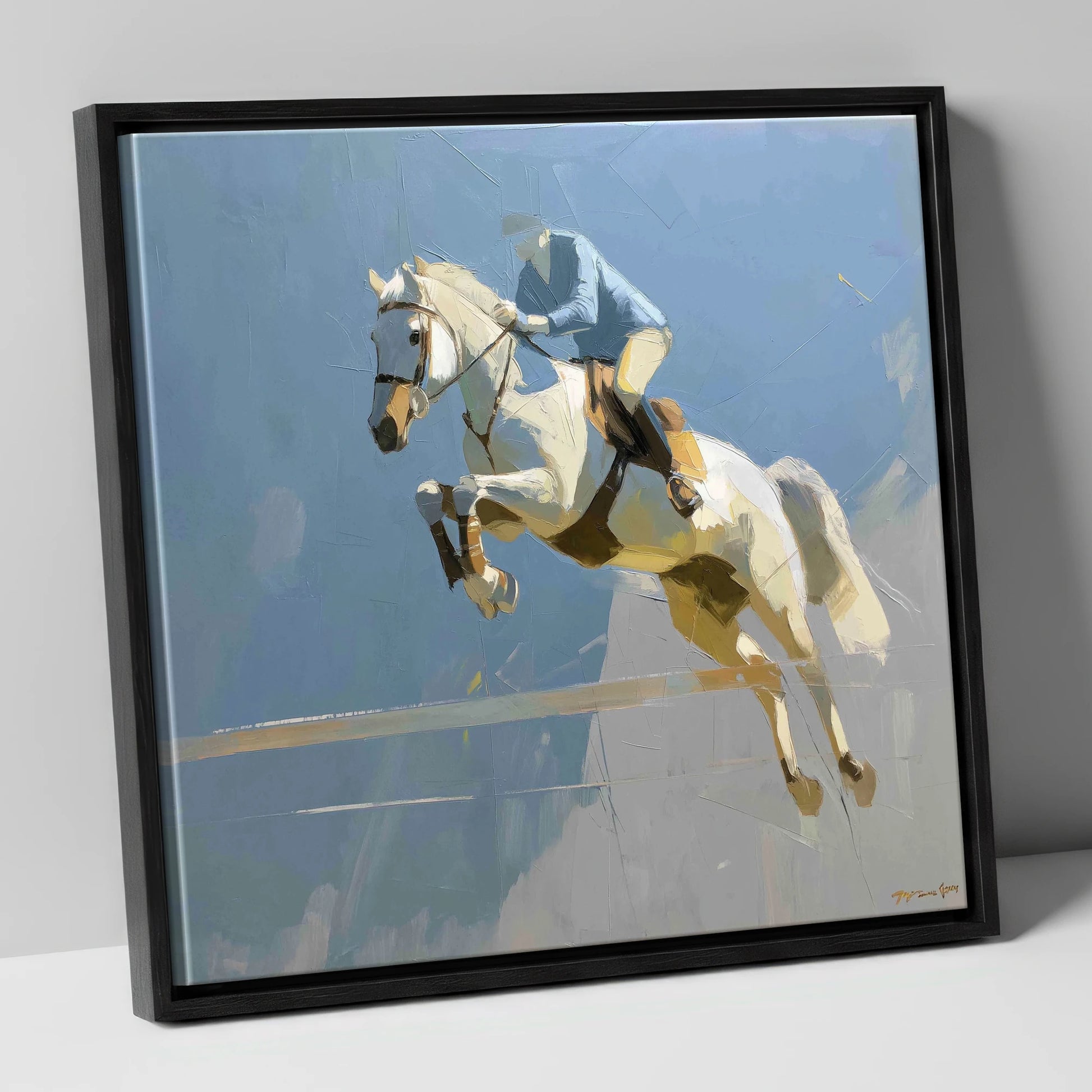 Flight Over Slate show jumping horse canvas wall art in black frame