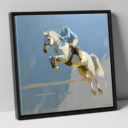 Flight Over Slate show jumping horse canvas wall art in black frame