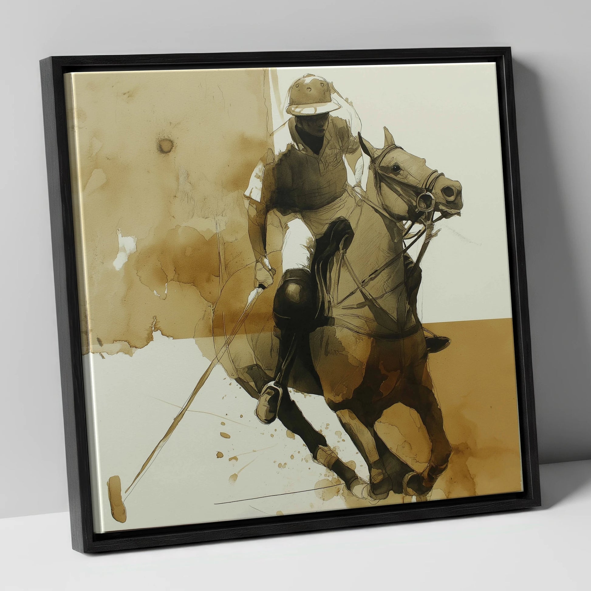 Sepia Polo Pursuit polo horse canvas wall art in black frame