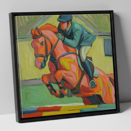 Clearing the Coloureds show jumping horse canvas wall art in black frame