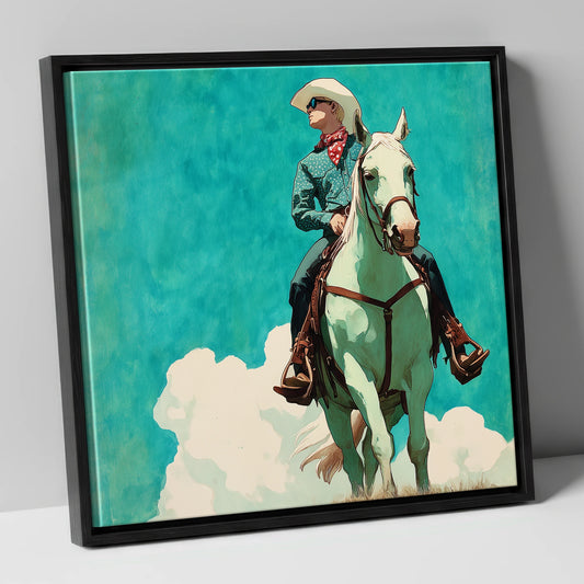 Teal Sky Rider western horse canvas wall art in black frame