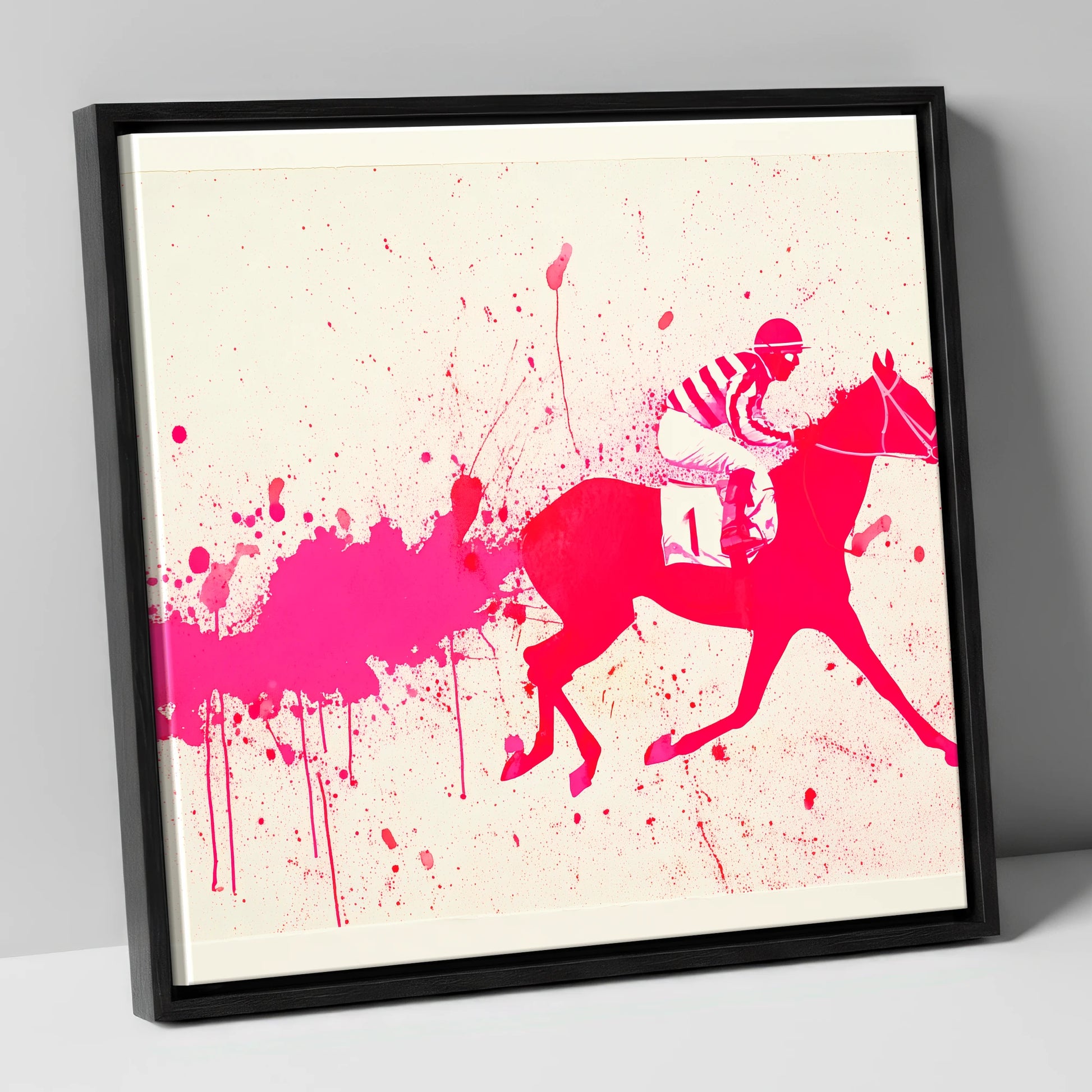 Magenta Racing Surge racing horse canvas wall art in black frame