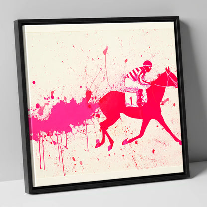 Magenta Racing Surge racing horse canvas wall art in black frame